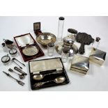 Collection of miscellaneous hallmarked silver, including six silver topped bottles, two silver