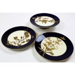 Davenport Cake Platter with two matching plates in a blue and gilt finish