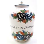 Hand painted stoneware jar and lid, with floral decoration and 'Ceratum Rosatum' to side, height