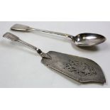 Silver fish slice and serving spoon, Hallmarked ‘London 1856 & 1857’ respectively, weight 9.8 ounces