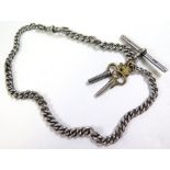 Silver hallmarked "T" bar pocket watch chain,with two base metal watch keys atttached, total