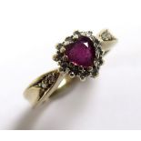 9ct Gold Ring set with heart shaped Ruby surrounded by Diamonds size I weight 2.7 grams