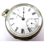 Silver open face pocket watch by AWW Co, Waltham Mass. the white dial with bold Roman numerals and