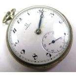 Open faced base metal pocket watch by Omega. The white dial with black arabic numerals with