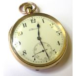 9ct gold open face pocket watch, import marks for Glasgow, the cream enamelled dial with black