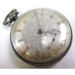 Silver open face pocket watch, hallmarked London 1842, the silver dial with roman numerals and