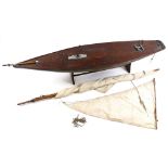 Large early 20th century model yacht, with two sails and stand, Length 48 inches, Height 54 inches