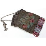 Silver & mesh handbag with coloured beads, stamped '800', solder repair to hinge, 25cm x 18.2cm