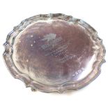 Modern silver salver, hallmarked Birmingham 1987 with inscription on top, approx weight 474g