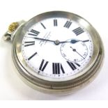 Railway chrome cased open face pocket watch, the white enamel dial having black roman numerals,