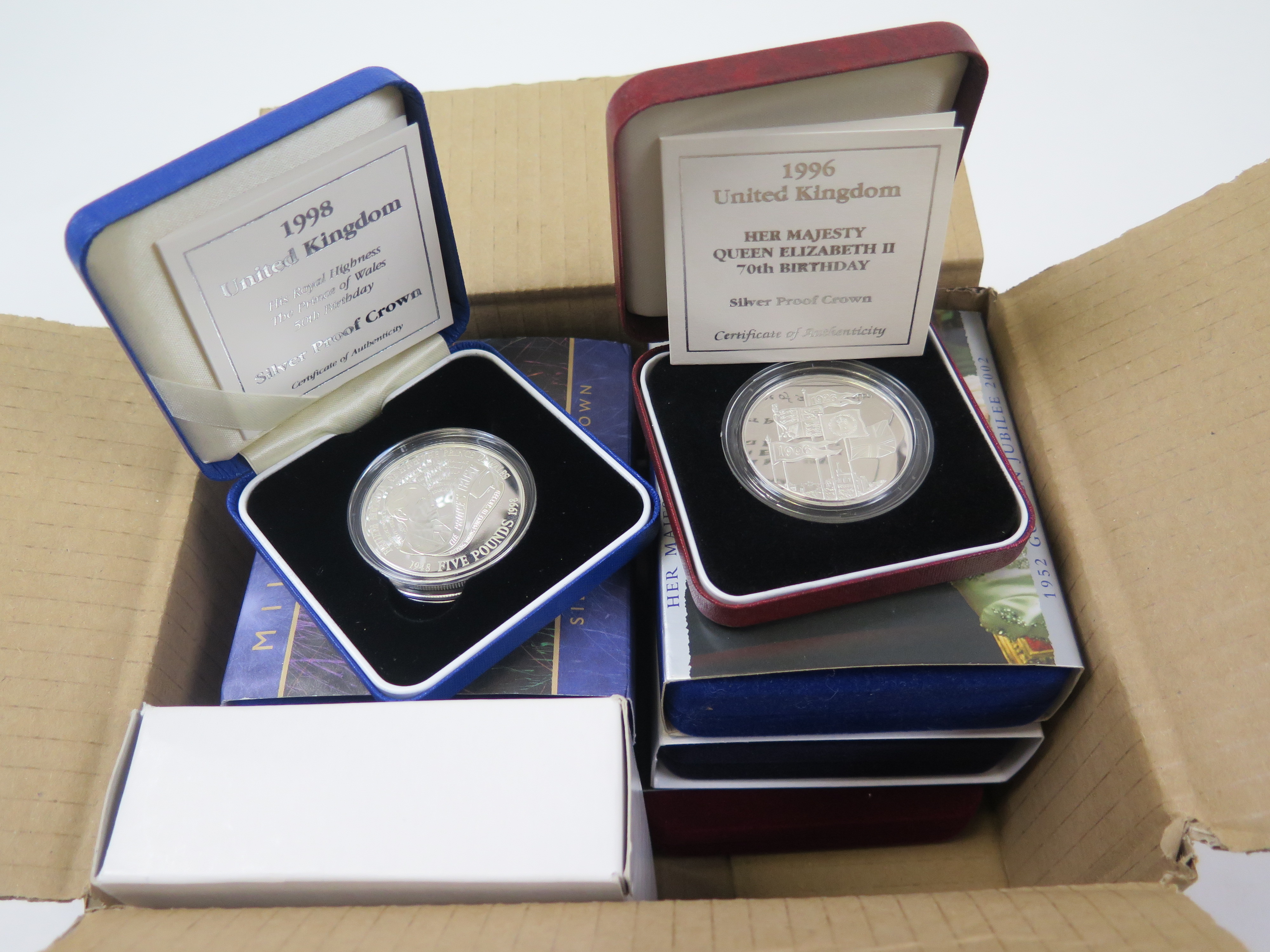 GB Silver Proof Crowns (9) 1996, 98, 99 (Diana), 2000 (Millennium), 2000 (Centenary), 2001 (