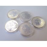 GB Silver One Ounce Britannias (5) 1999, 2000, 02, 03 & 2006. BU in hard plastic capsules
