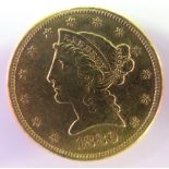 USA gold $5 Half Eagle 1880S VF, ex mount edge repaired.