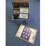 Assortment of various coins / notes in frames. Mixed sizes