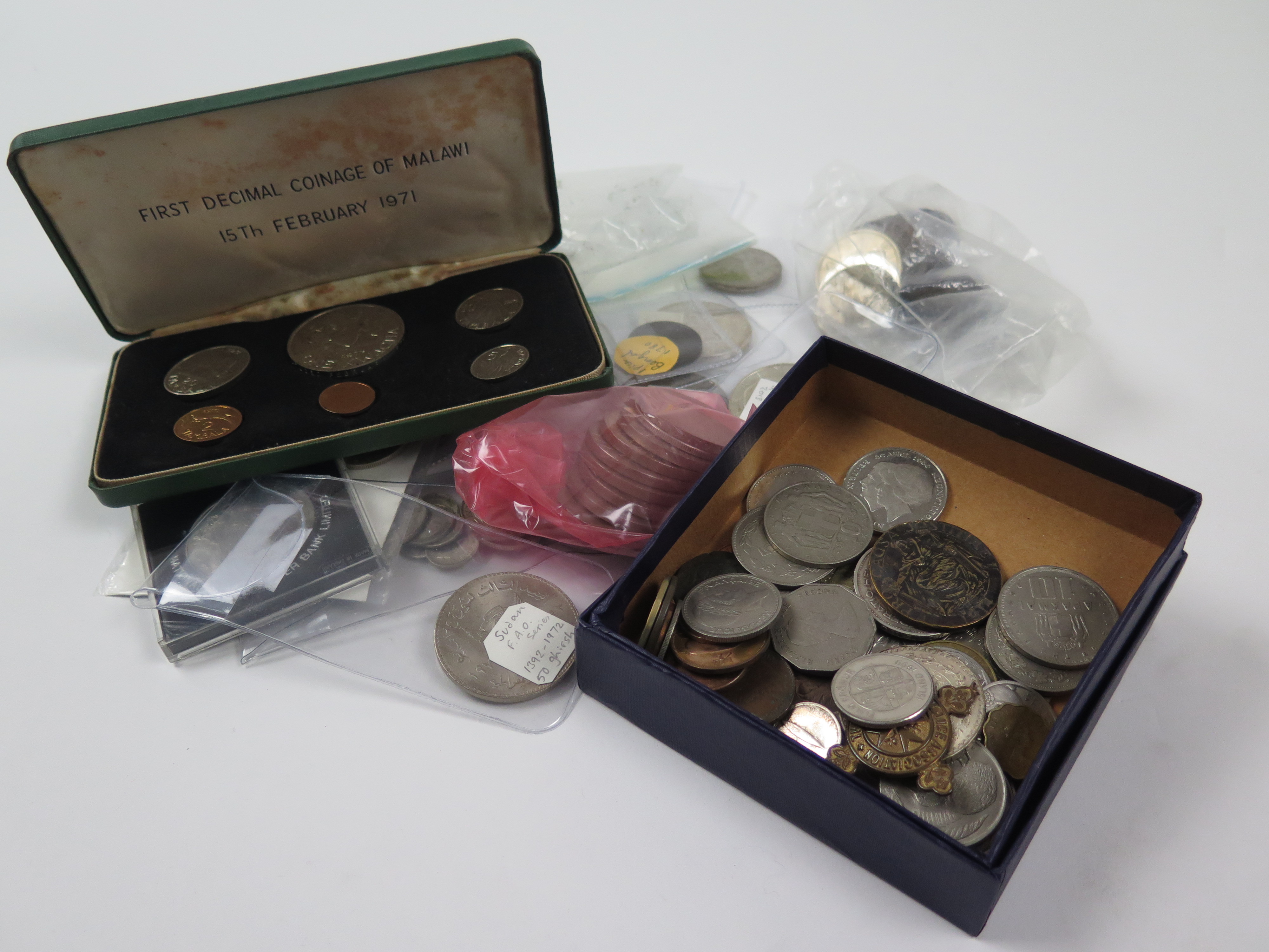 GB & World, a shoebox of mixed coins incl. British and other silver, Malawi 1971 proof set,