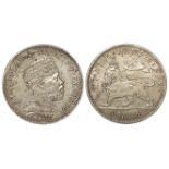 Ethiopia silver 1/4 Birr EE1889A, right foreleg raised, KM# 14, VF, scarce.