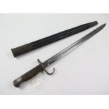 Bayonet: A faked P'07 'Hooked Quillon bayonet in its steel mounted leather scabbard marked 'HGR '15'