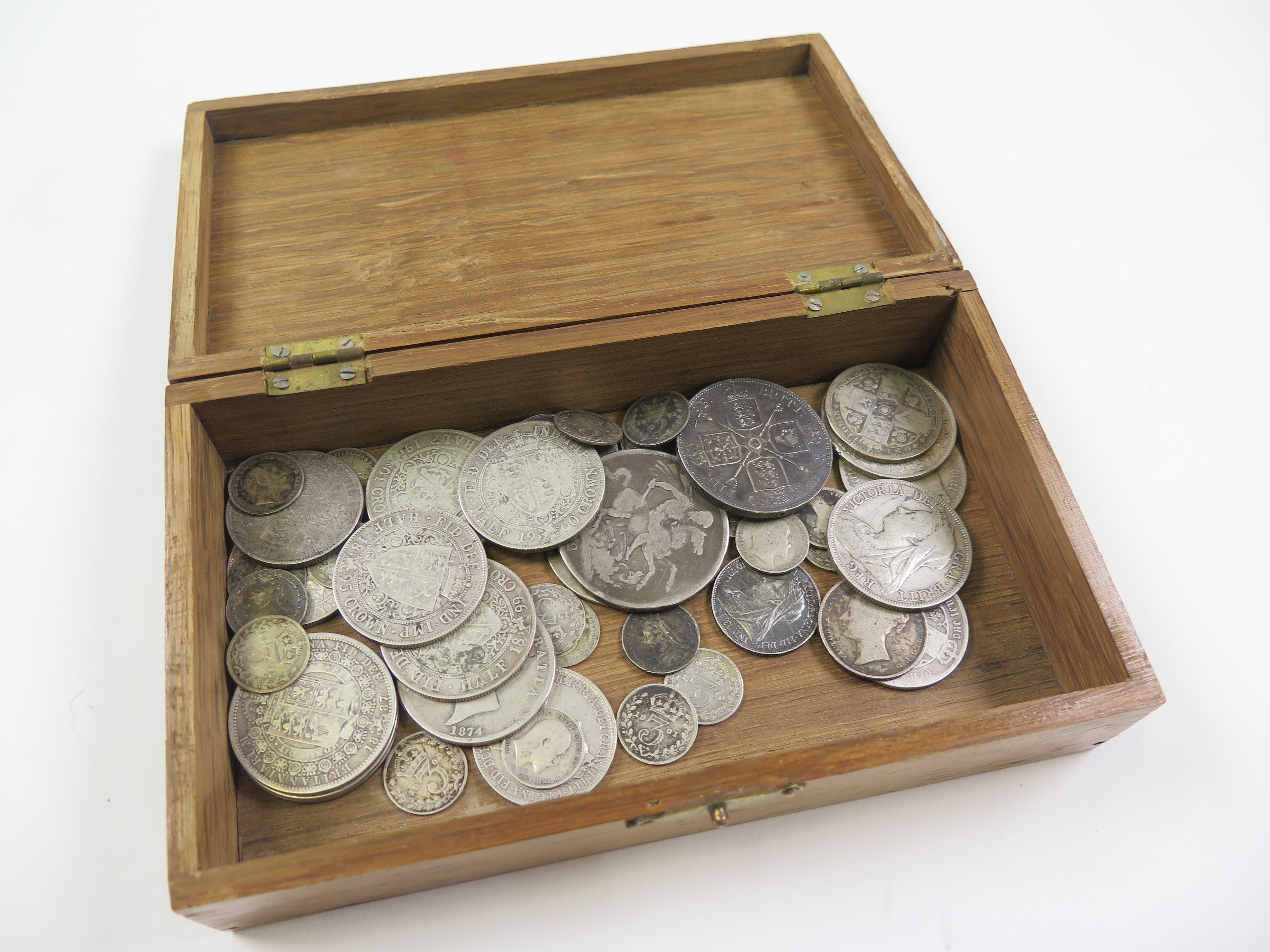 Collection of GB pre 1900 Silver in an old wooden box, mixed grades