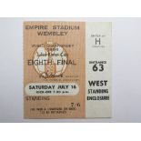 1966 World cup match ticket, 16th July, Eighth Final, played at Wembley (Brown ticket)