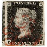 GB - 1840 Penny Black Plate 5 (D-F) four good to very large margins, large part of stamp at left,