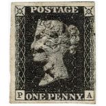 GB - 1840 Penny Black Plate 5 (P-A) four good to large margins, no faults, Fine used, cat £350