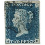 GB - 1840 Two pence Blue Plate 2 (Q-D) four good to large margins, no faults, Fine used, cat £1000