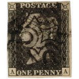 GB - 1840 Penny Black Plate 8 (A-A) four good to close margins, no thins or creases, Good/Fine used,