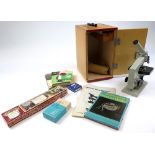 Monocular microscope, made in USSR, contained in original case (with key), together with five