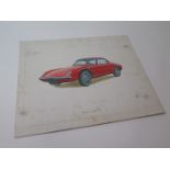 Peter Rooke, c.1969, watercolour and collage depicting a Lotus Elan +2. Signed beneath drawing, some