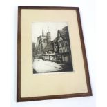 A. E. Grace, framed and glazed etching titled 'Parish Church & Old Houses Hitchin', dated 1/1/47 and