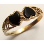 9ct Gold Onyx Hearts Ring size M weight 1.4 grams