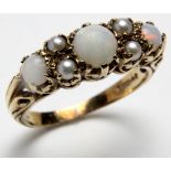 9ct Gold Ring set with Opals and Seed Pearls size N weight 3.3 grams