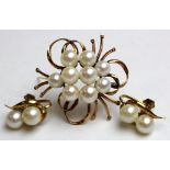 14kt Gold Brooch and matching Earrings set with Pearls weight 14.9 grams