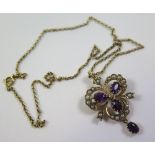 9ct Gold Amethyst and Seed Pearl Drop Pendant weight 7.2 grams