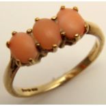 9ct Gold Ring with 3 stone Coral setting size J weight 1.7 grams