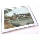 Framed and glazed painting on cermaic surface of a rural scene featuring riverside houses and a