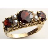 9ct Gold Garnet and Pearl Ring size O weight 3.2 grams