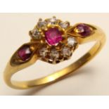 Yellow Metal (tests as 9ct) Ring with Ruby and Diamonds size K weight 2.4 grams