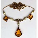 Art Deco style 9ct Gold Citrine and Pearl Drop Pendant weight 3.8 grams