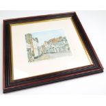 Framed and glazed watercolour print titled 'Great Dunmow' showing a street scene of that place,