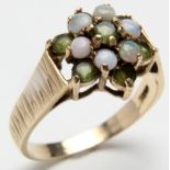 9ct Gold Cluster Ring set with Opals and Peridots size P weight 3.4 grams