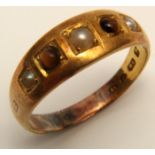 18ct Gold Tigers Eye and Pearl Ring size O weight 4.0 grams