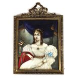 Portrait miniature. Hand painted portrait miniature of girl in a white dress sat with flowers in the