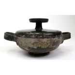 Early Greek two handled pot with lid, width 24cm, height 11.5cm approx.