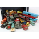 Box of diecast toy vehicles, circa mid 20th century, including Dinky Supertoys and Corgi Major (play