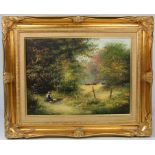 Three oil paintings by Les Parson of children playing in fields, together with a large 19th