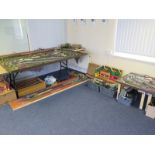Large collection of model railway accessories, including three model railway display boards (largest