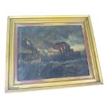 Oil on canvas, circa 19th century, depicting British naval ships, unsigned, framed, 41.5cm x 51.