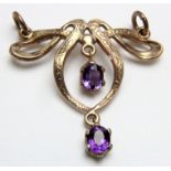 9ct Gold Drop Pendant set with 2 Amethysts weight 2.8 grams
