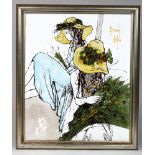 Dufour (Bernard). Acrylic depicting two women holding flowers, signed by artist to upper right